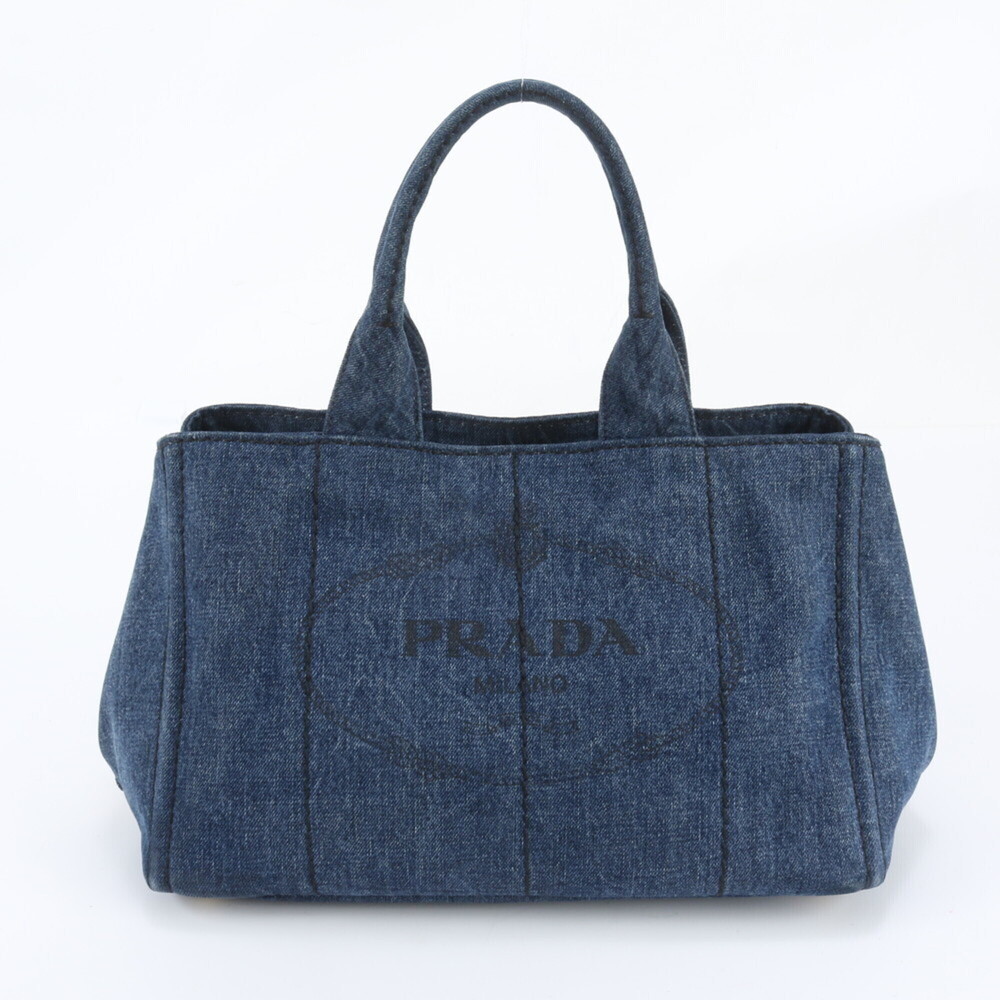 Prada Canapa Denim Blue Triangle Logo Tote Bag Shoulder Handbag for Women